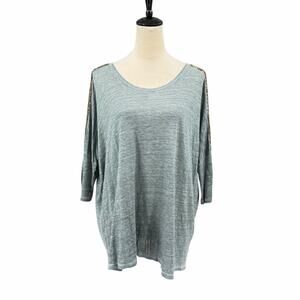 Not Shy Gray 100% Linen Gold Sequin Dolman Sleeve Drop Shoulder Oversized Top